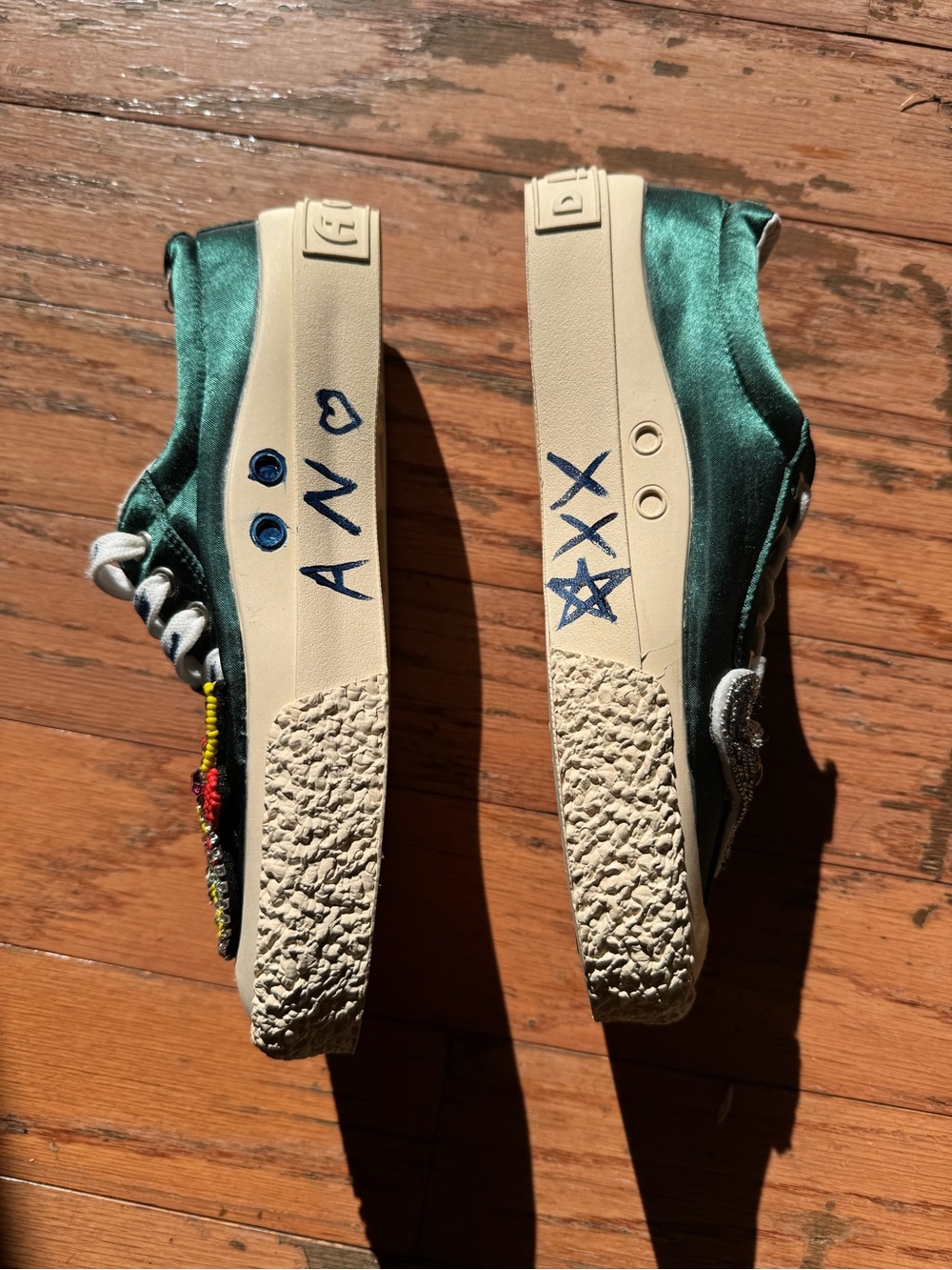 Embellished Green Satin Low-Top Sneakers - Picture 2 of 5